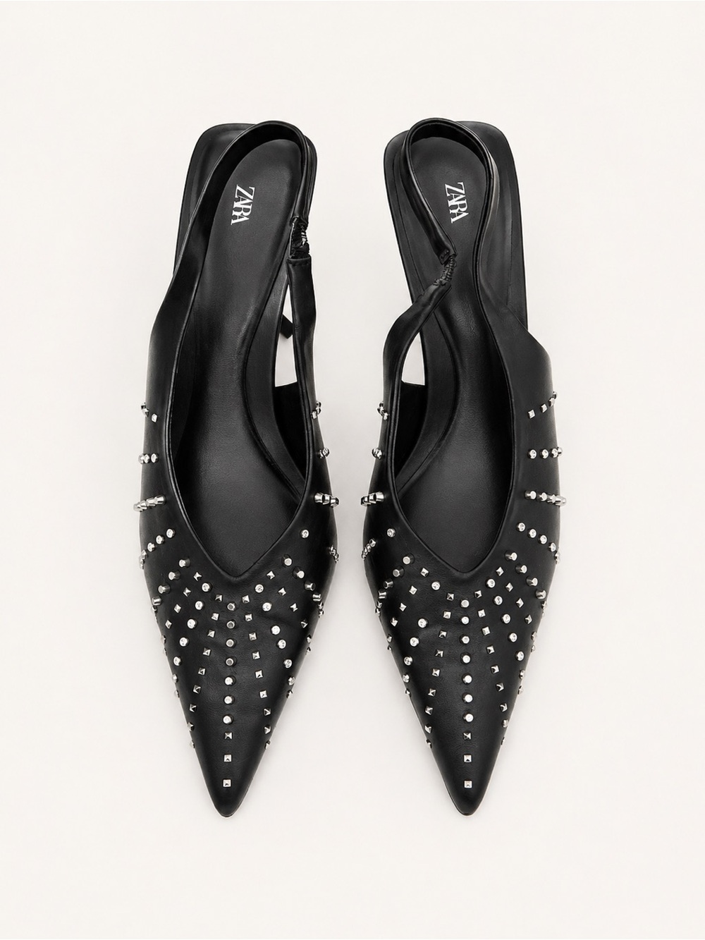 ZARA Black Pointed Slingback Flats with Silver Studs
